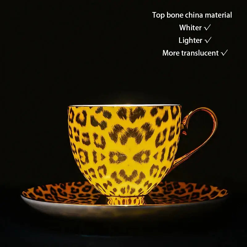 A vibrant yellow leopard print porcelain coffee set with gold accents made of fine bone china for decorbites decor