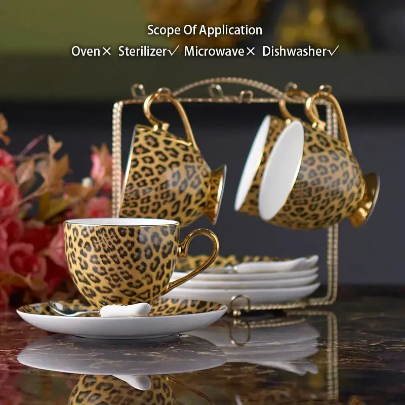 Leopard print porcelain coffee set with ceramic teacup and saucer featuring gold accents for dining room decorbites decor