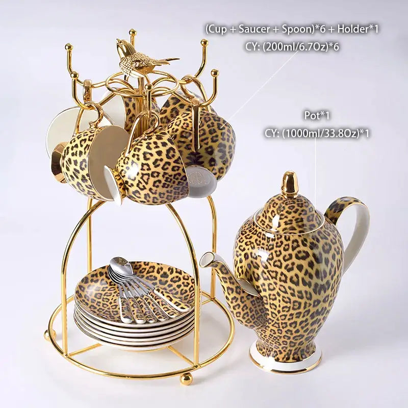 Gold-toned metal cup rack with leopard print ceramic coffee set and spoons for decorbites leopard print dining room decor