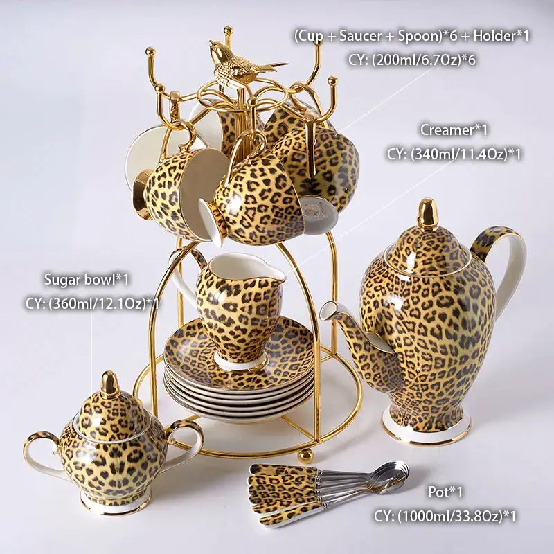 Leopard print porcelain coffee set with gold accents and matching golden stand for decorbites leopard print dining room decor