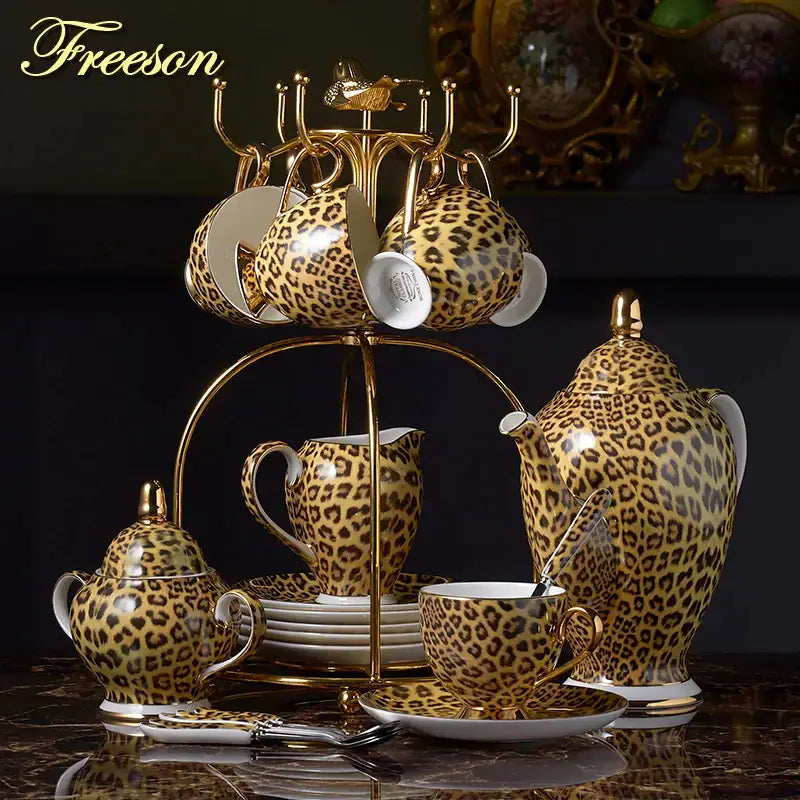 Leopard print porcelain coffee set with gold accents and matching stand for elegant decorbites leopard print decor