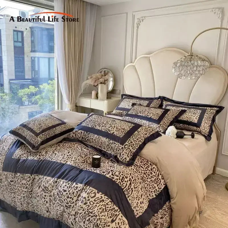 Leopard print velvet bedding set with navy blue trim and ruffled edges for elegant decorbites leopard print decor
