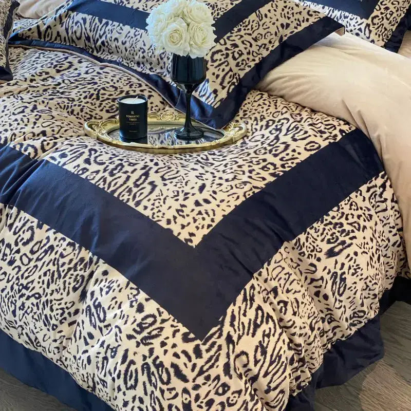 Leopard print velvet bedding set with navy blue accents and satin trim for elegant decorbites leopard print bedroom decor