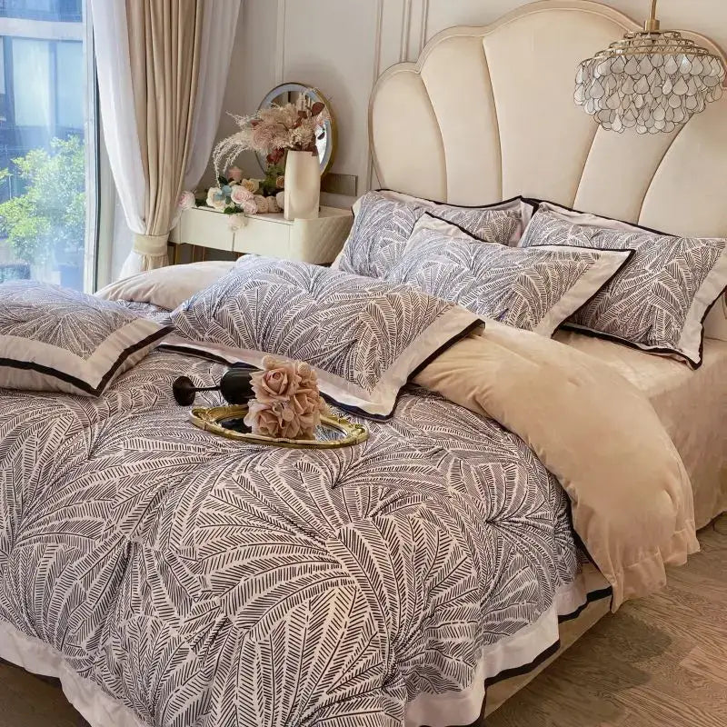Beige and black leaf-patterned leopard print velvet bedding set with plush tufted headboard for decorbites bedroom decor