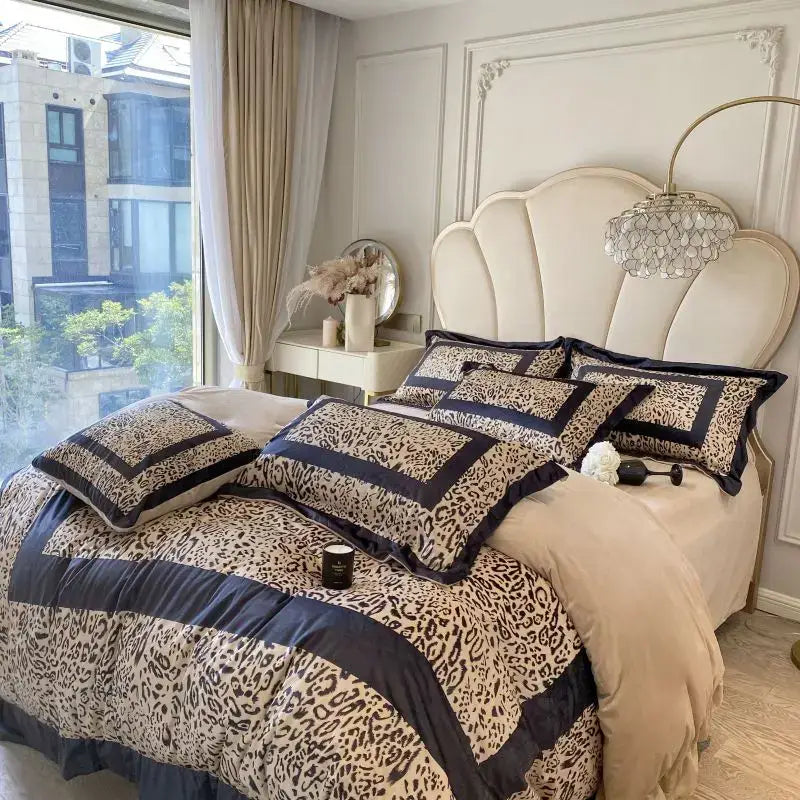 Leopard print velvet bedding set with navy blue trim and plush soft texture for decorbites leopard print bedroom decor