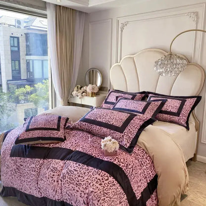 Pink and black leopard print velvet bedding set with plush quilted texture for decorbites leopard print bedroom decor