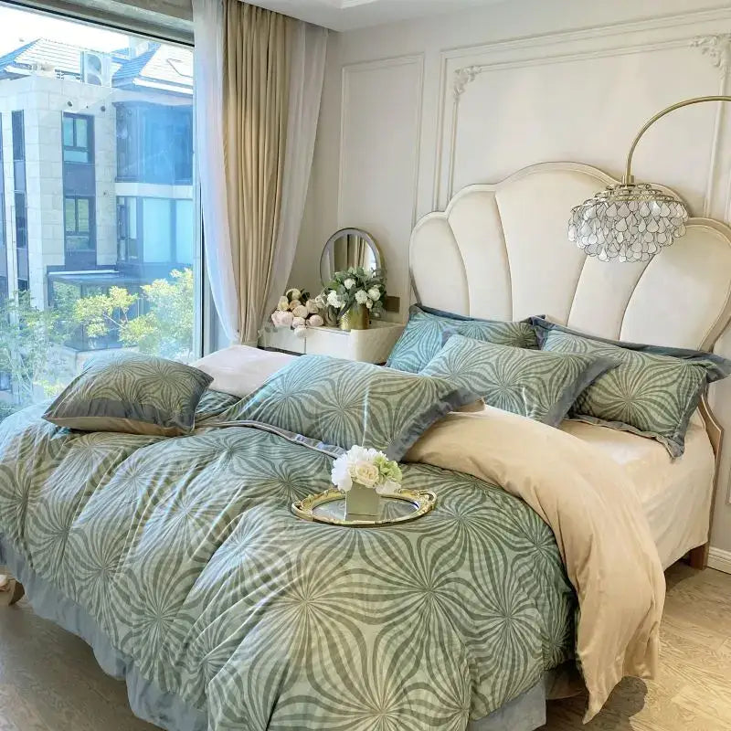 A plush sage green and cream sunburst duvet set complementing decorbites leopard print velvet bedding set bedroom decor