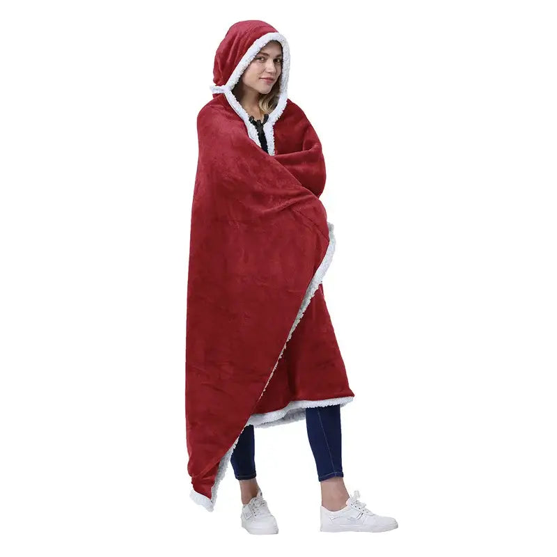 Red plush hooded blanket with white fleece trim featuring decorbites leopard print warm wearable design