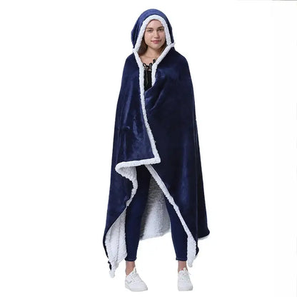 A cozy navy blue plush wearable blanket with white sherpa-lined hood and trim in decorbites leopard print warm style