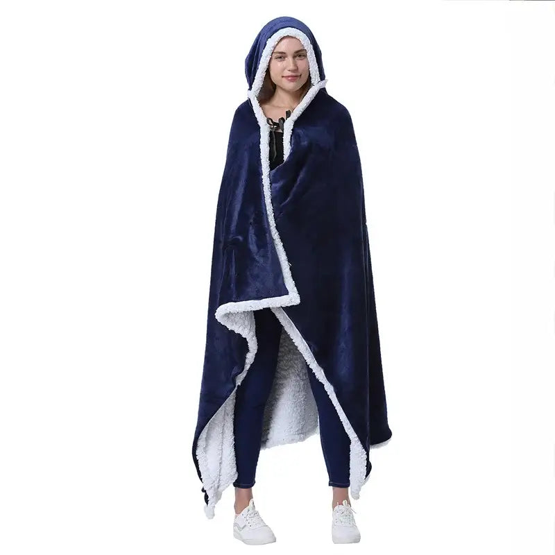 A cozy navy blue plush wearable blanket with white sherpa-lined hood and trim in decorbites leopard print warm style