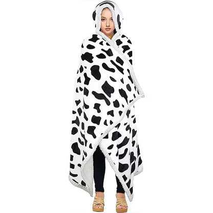A cozy white and black cow-print hooded blanket with soft plush fleece for decorbites leopard print warm wearable use