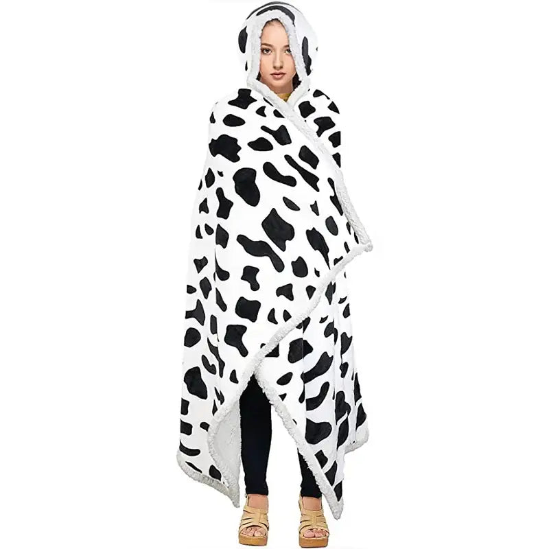 A cozy white and black cow-print hooded blanket with soft plush fleece for decorbites leopard print warm wearable use