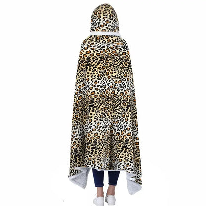 A decorbites leopard print warm wearable hooded blanket with soft plush exterior and white faux fur lining