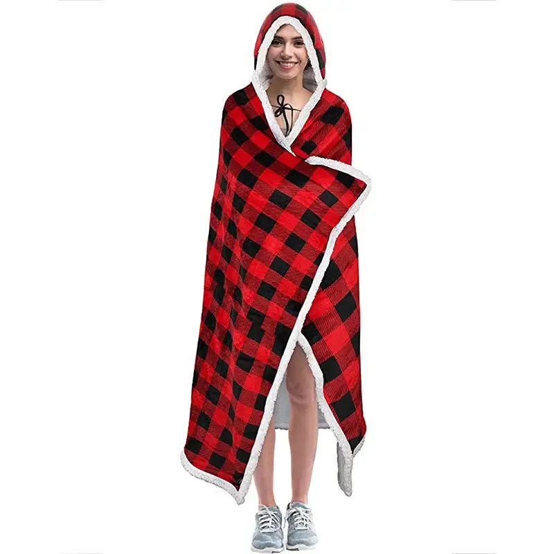 Red and black plaid hooded blanket with white fleece trim featuring decorbites leopard print warm wearable style