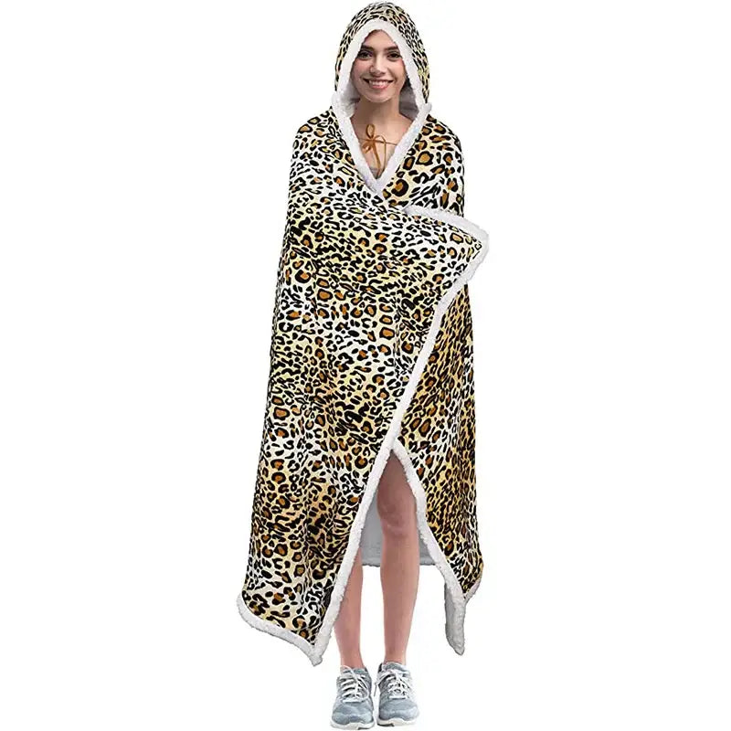 Leopard print warm wearable hooded blanket with plush white fleece trim by decorbites for cozy indoor use