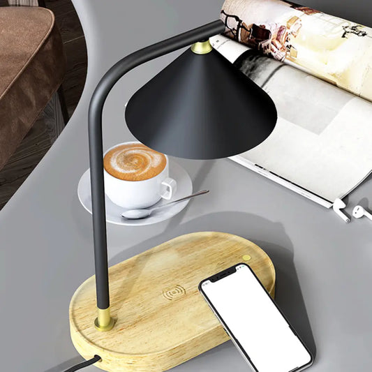 Léopoldine - Beige Simple Oblong Night Lighting Wood 1 Bulb Bedroom Desk Lamp in Beige with Conic Metal Shade