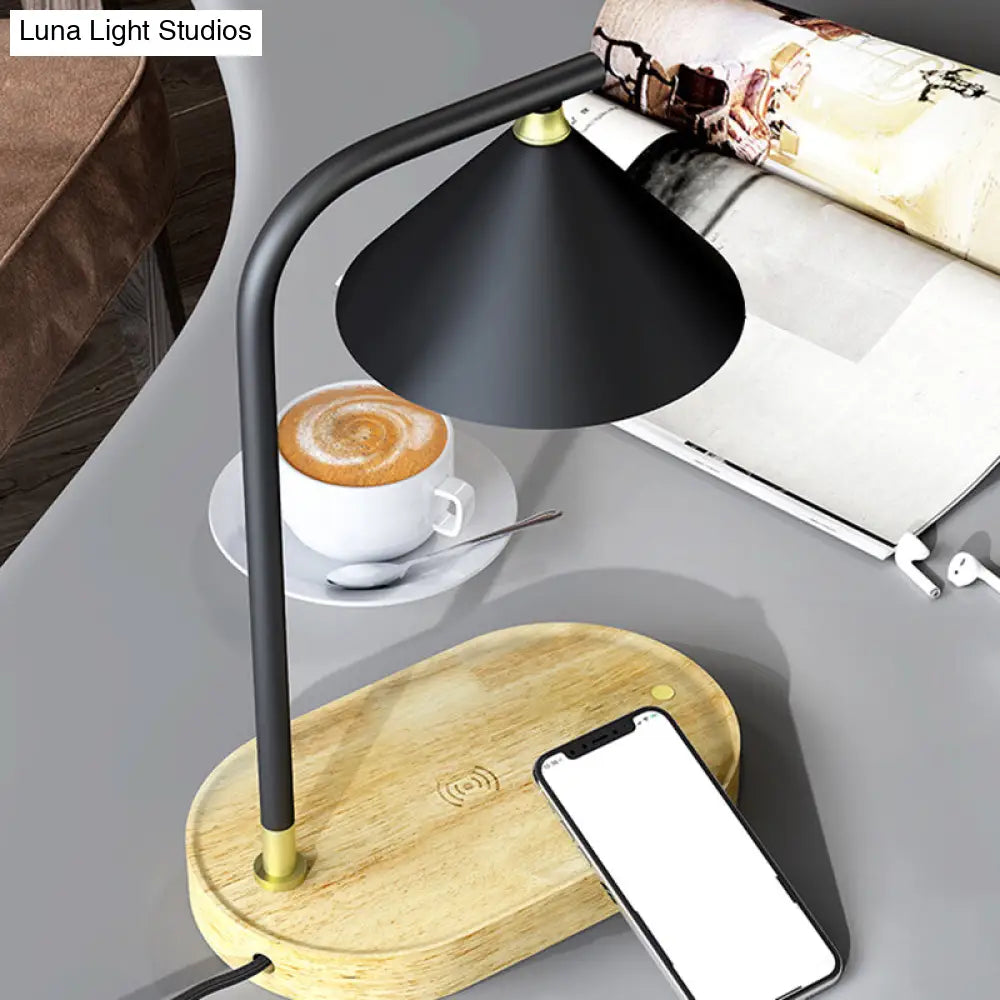 Léopoldine - Beige Simple Oblong Night Lighting Wood 1 Bulb Bedroom Desk Lamp in Beige with Conic Metal Shade