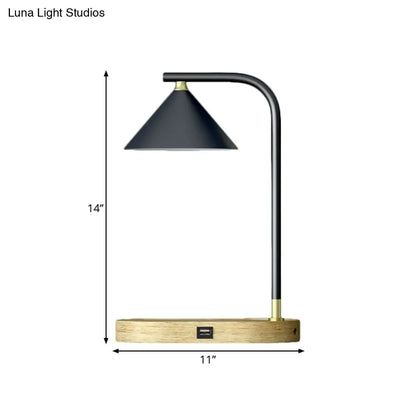 Léopoldine - Beige Simple Oblong Night Lighting Wood 1 Bulb Bedroom Desk Lamp in Beige with Conic Metal Shade