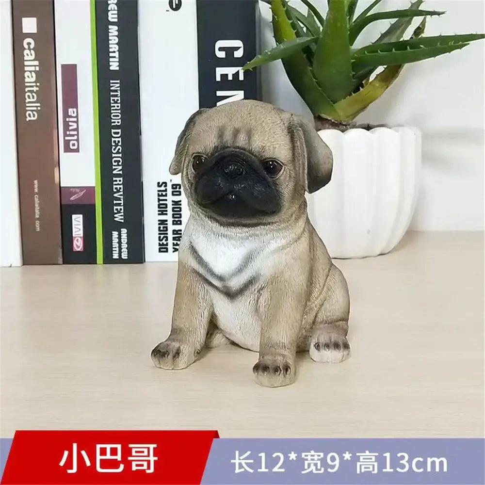 Detailed sitting pug decorbites dog sculpture with tan and black resin coat for living room decor