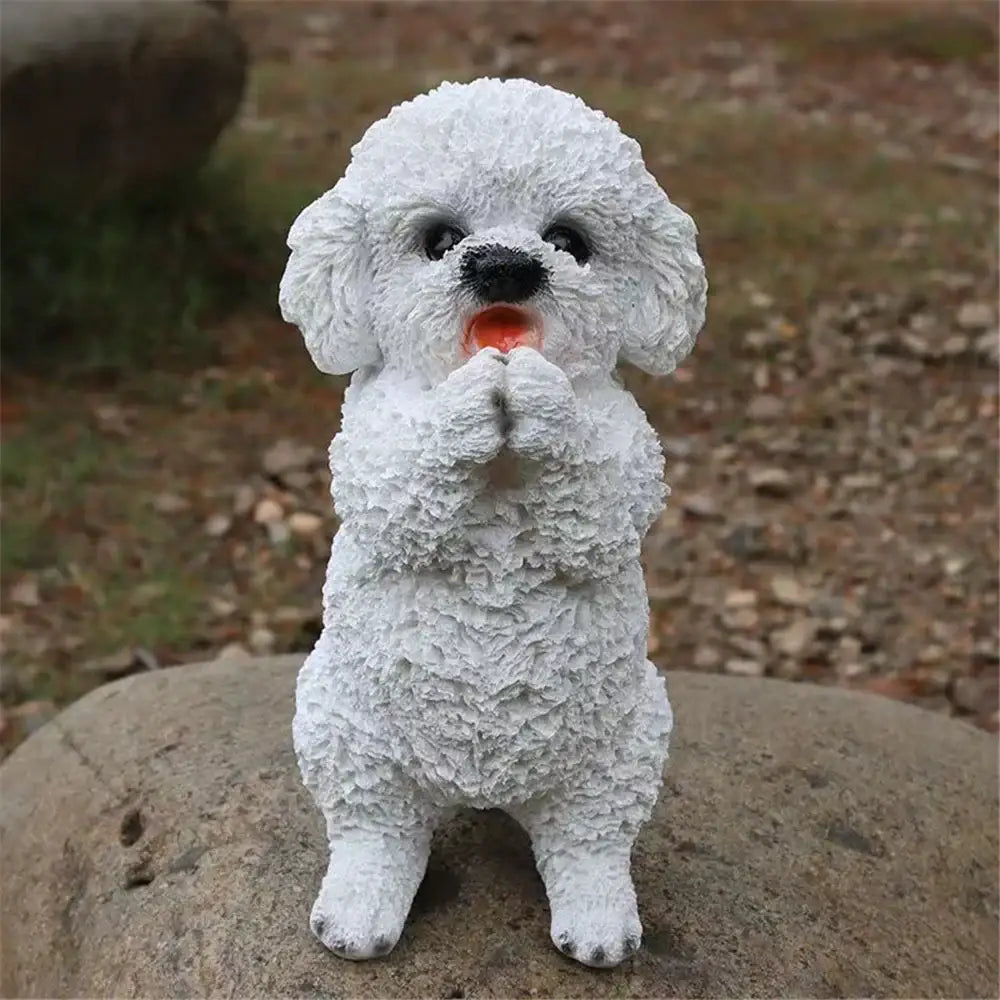 White fluffy bichon frise holding orange carrot black and white resin dog sculpture for living room decorbites dog sculpture