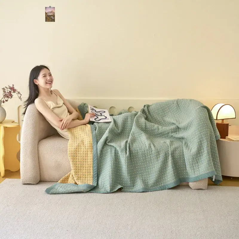 Soft mint-green decorbites cotton towel blanket with dotted pattern and yellow border for summer cool quilt use