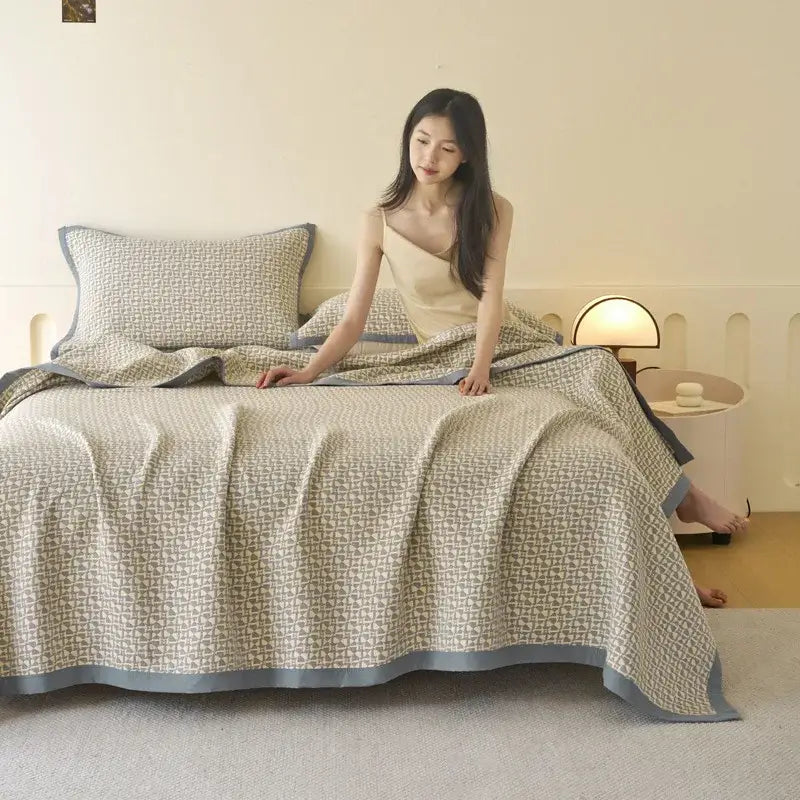 Beige and gray geometric-patterned decorbites cotton summer cool quilt towel blanket with soft textured weave
