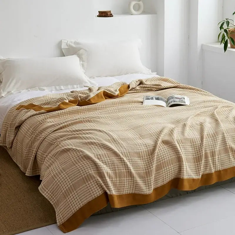 Beige and mustard yellow plaid throw blanket with soft textured weave for decorbites cotton gauze towel throw bedroom use