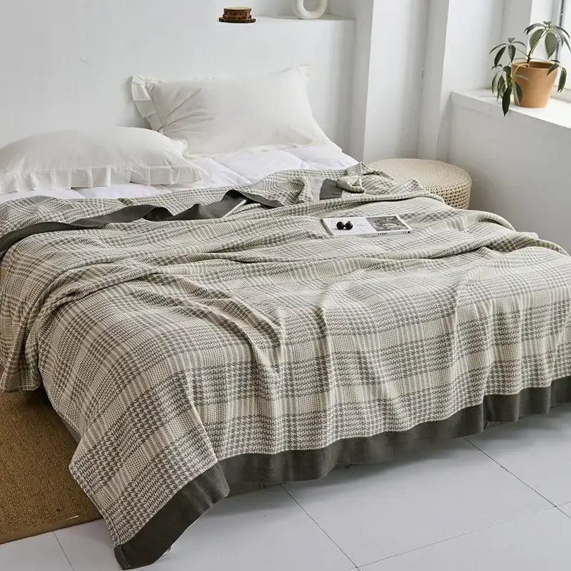Beige and olive green plaid throw blanket with textured weave as decorbites cotton gauze towel throw for bedroom decor