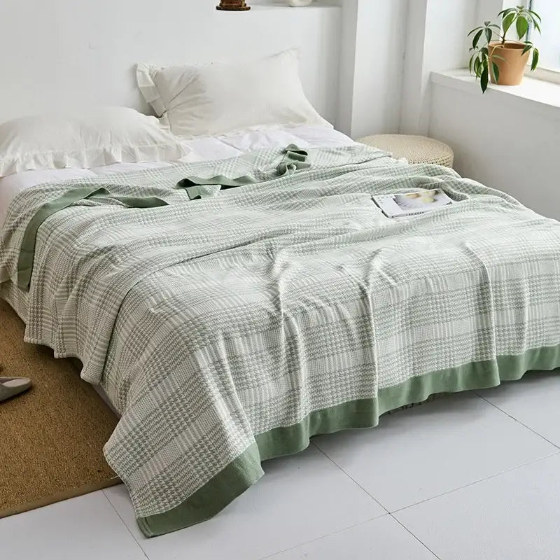 Soft sage green and off-white plaid decorbites cotton gauze towel throw with solid hem for bedroom decor