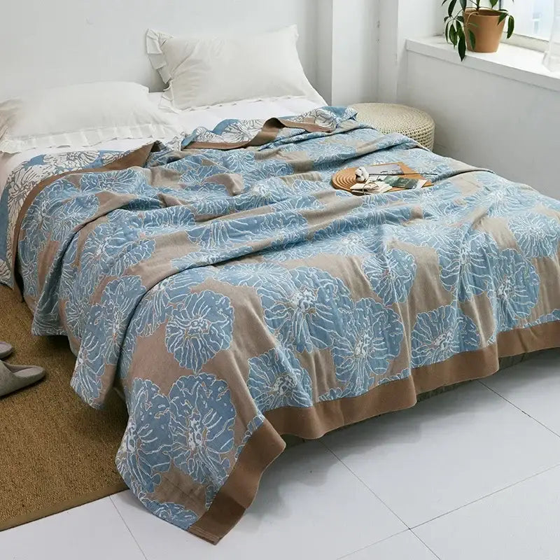 Light blue and white leaf cotton gauze towel throw with blue and beige floral pattern soft decorbites cotton gauze fabric