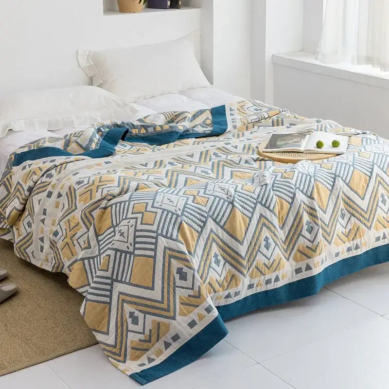 Light blue and white leaf decorbites cotton gauze towel throw with soft cotton texture for bedroom blanket use