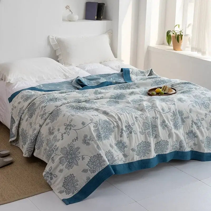 Light blue and white floral cotton gauze towel throw with solid teal border for bedroom decorbites cotton gauze