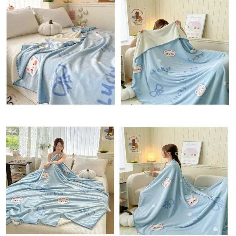 Light blue cozy milk velvet blanket with embroidered white bear faces and lucky text in soft fleece texture
