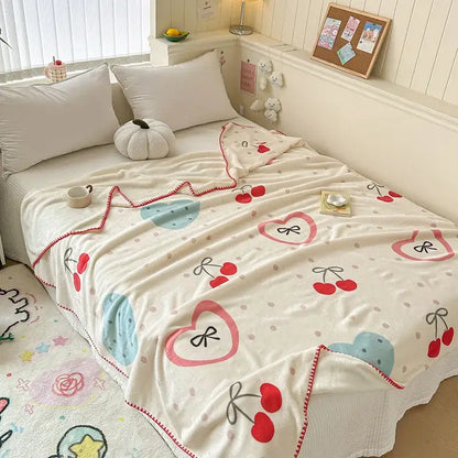 Cream-colored cozy milk velvet blanket with red blue pink cherry and heart patterns for decorbites cozy milk use