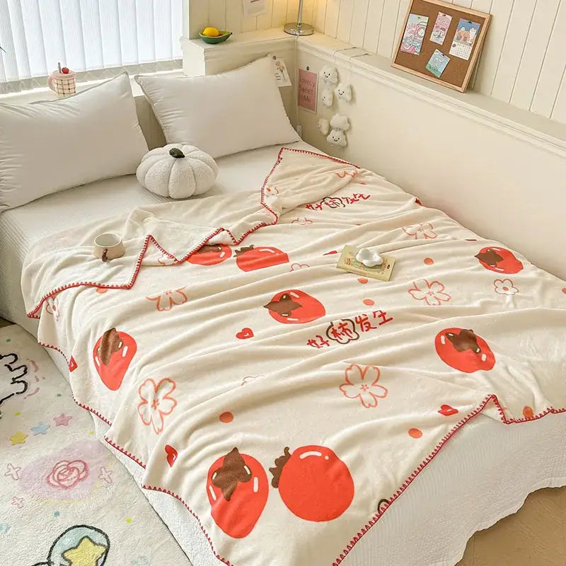 Cream-colored cozy milk velvet blanket with red persimmons pink cherry blossoms and chinese characters decorbites cozy milk