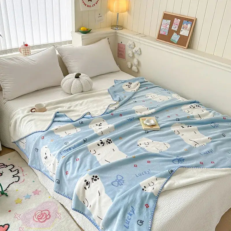 Light blue bear pattern cozy milk velvet blanket with polar bears and lucky print for bedroom and travel use