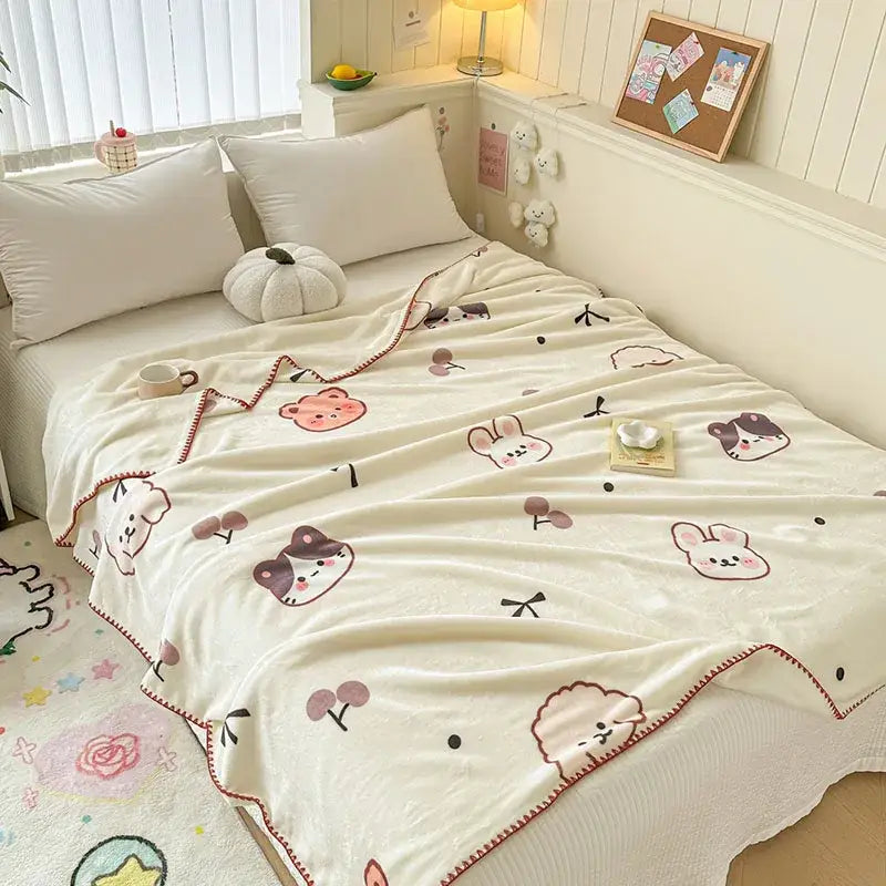 Cream-colored plush milk velvet blanket with cartoon animals cherries and red-trimmed edges by decorbites cozy milk