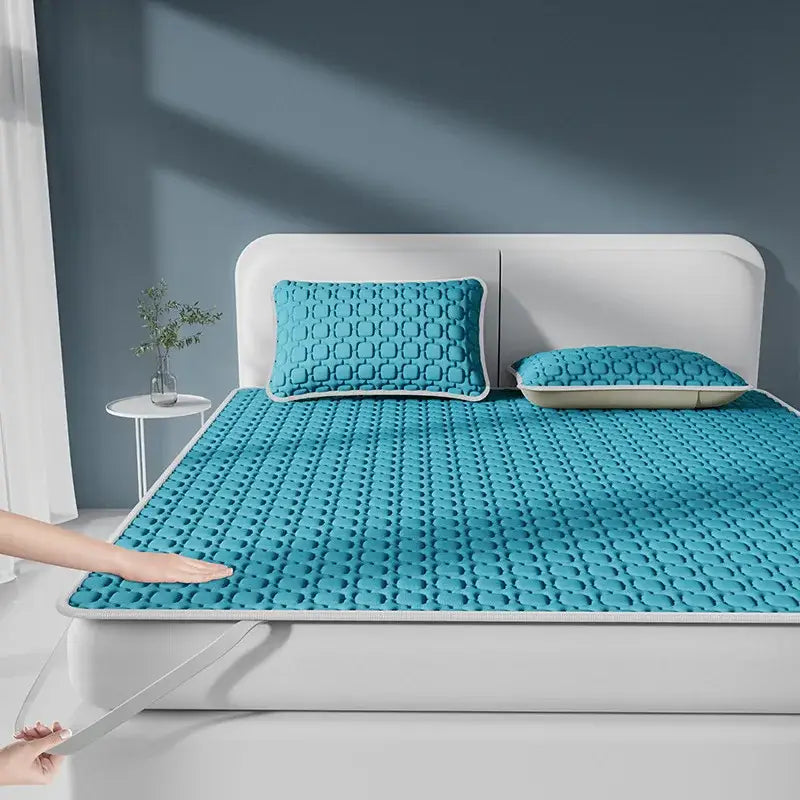 Turquoise textured decorbites cooling latex pad with matching pillowcases for light blue and beige quilted mattress decor