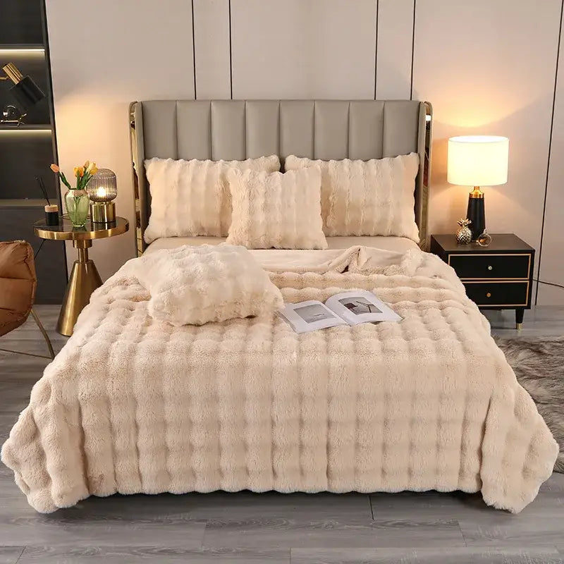 Cream-colored plush quilt with tufted texture made of bubble rabbit velvet for cozy decorbites rabbit velvet blanket use