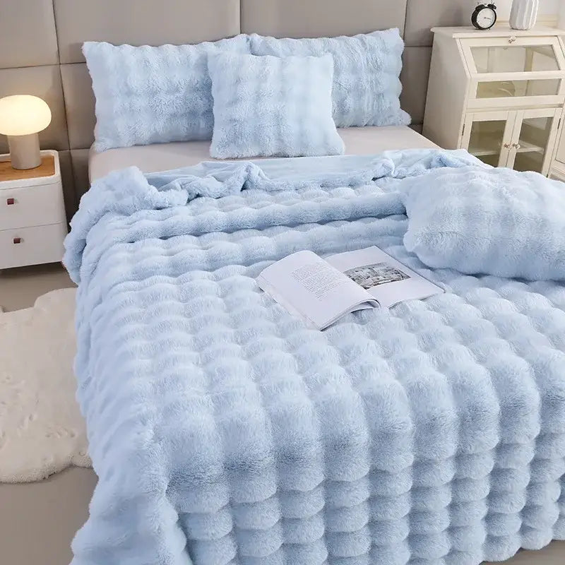 Light blue bubble rabbit velvet blanket plush quilt with textured bubbly surface for cozy bedroom decorbites bubble rabbit