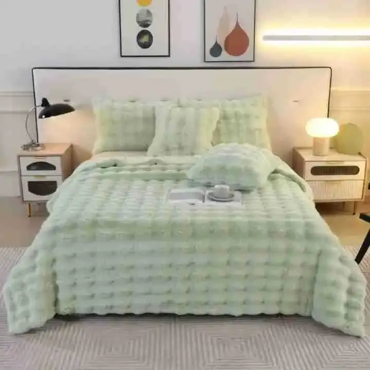 Mint green quilted bedspread with plush textured surface in decorbites bubble rabbit velvet bedroom blanket style