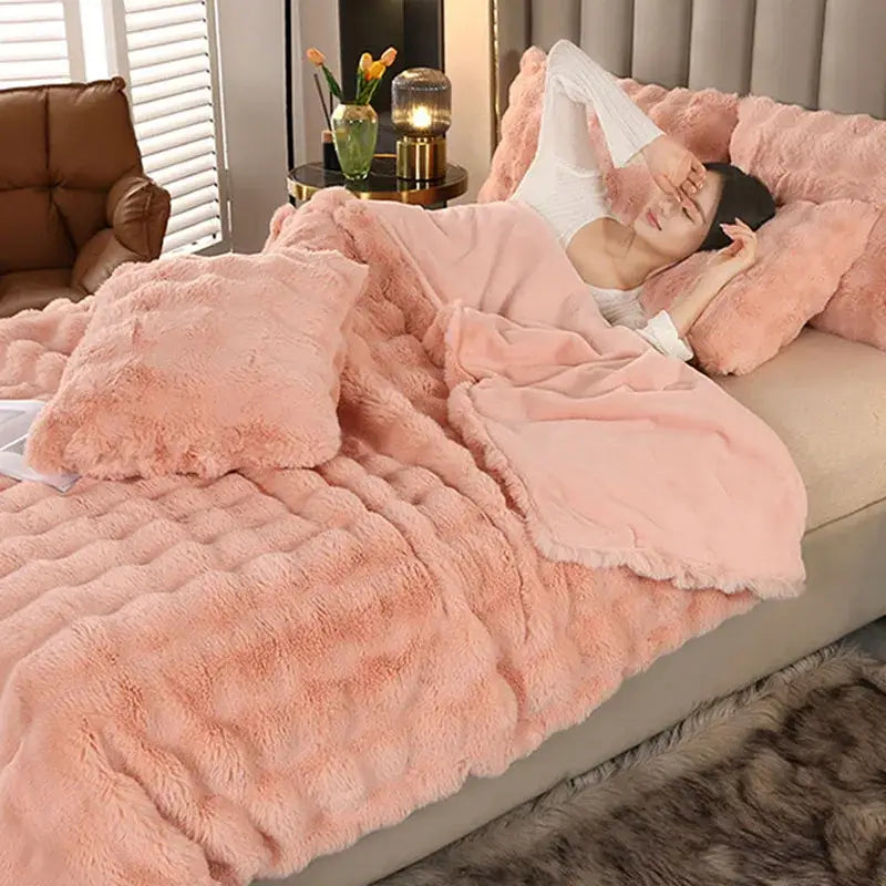 Pink plush faux fur rabbit velvet blanket with quilted texture soft fluffy surface for decorbites bubble rabbit decor