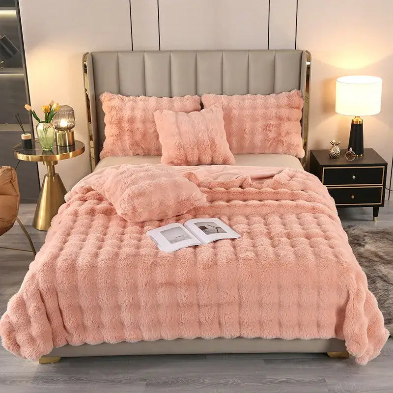 Light blue bubble rabbit velvet blanket with pink faux fur quilt set featuring plush textured surface and matching pillows