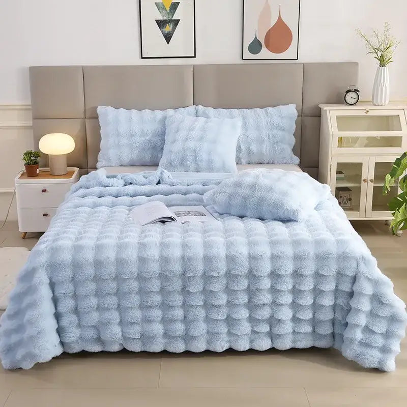 Light blue bubble rabbit velvet blanket with plush pom-pom texture for cozy bedroom decorbites bubble rabbit design