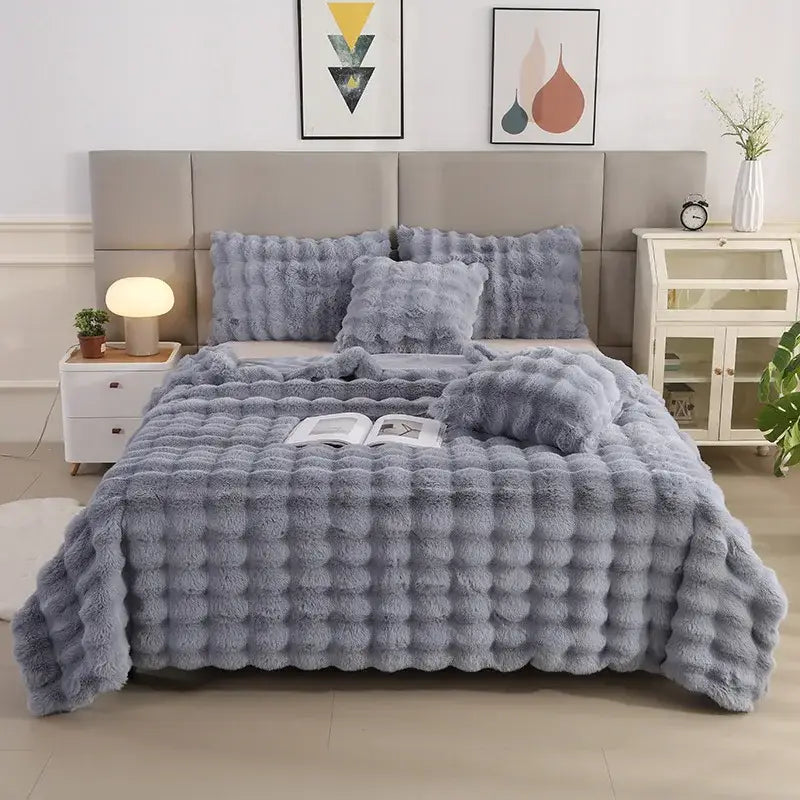 Soft plush gray faux fur quilt set with textured bubbly surface in light blue bubble rabbit velvet bedroom decorbites blanket