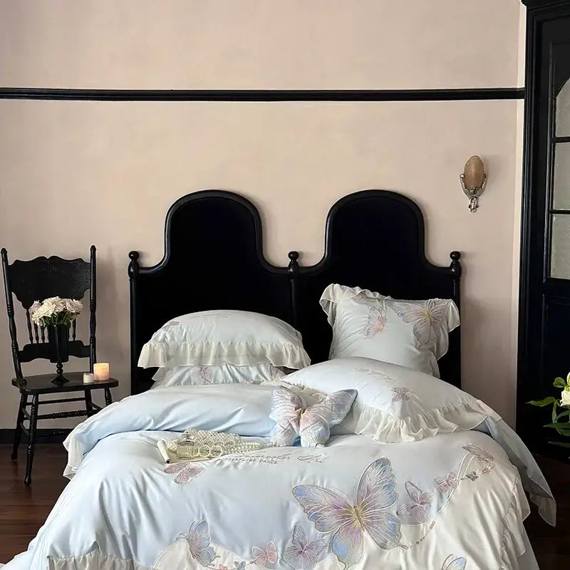 Light blue butterfly embroidery bedding set with delicate ruffles and decorbites french lace for bedroom decor