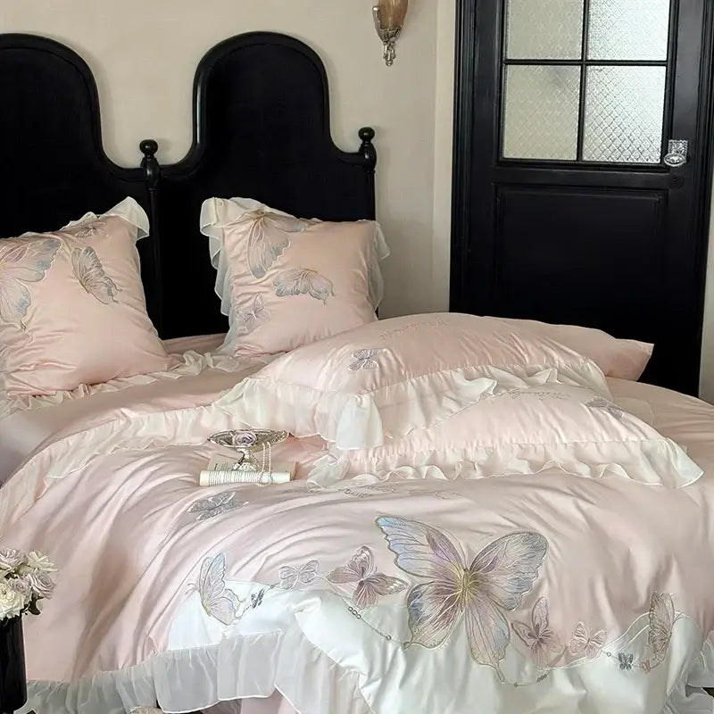 Pink satin bedding set with delicate butterfly embroidery and layered ruffles for decorbites french lace bedroom decor