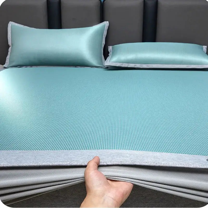 Teal cooling jacquard fitted sheet with textured surface and gray border by decorbites for mattress protection