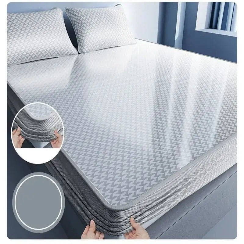 Gray patterned breathable mattress protector with textured surface and reinforced edges for decorbites cooling jacquard fitted sheet