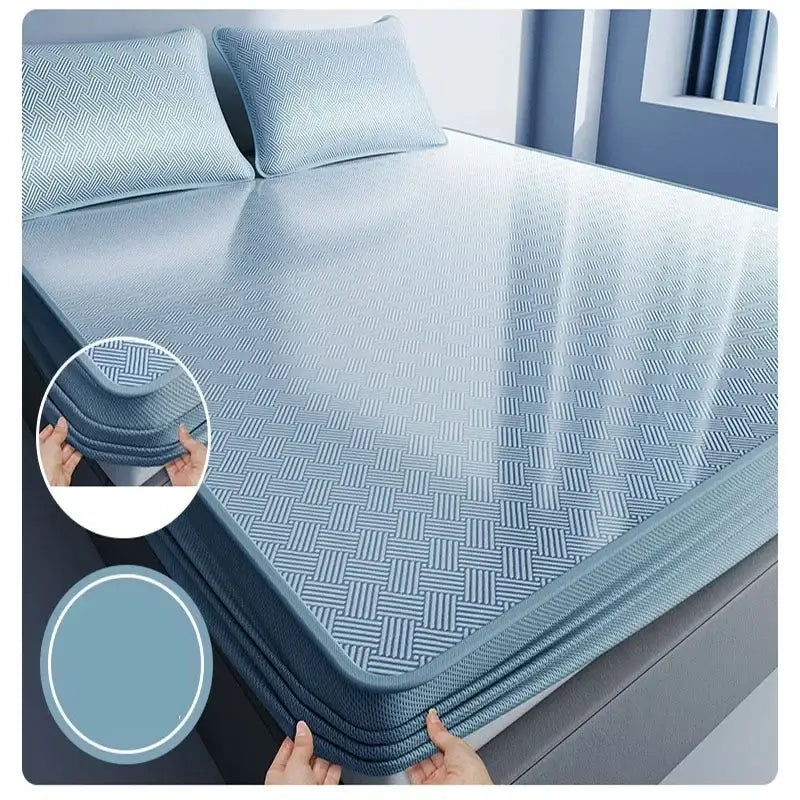 Light blue decorbites cooling jacquard fitted sheet with woven texture herringbone pattern and reinforced edges mattress protector